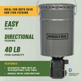 Metal hopper fish feeder for pond or water-edge setups.